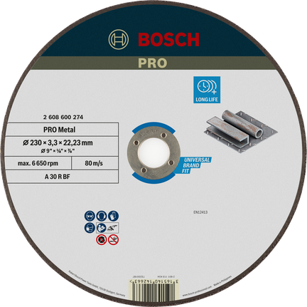 Đá cắt PRO Metal, 230 x 3 x 22,23 mm Đĩa cắt kim loại Bosch PRO 230 mm dùng cho công việc kim loại lâu dài.