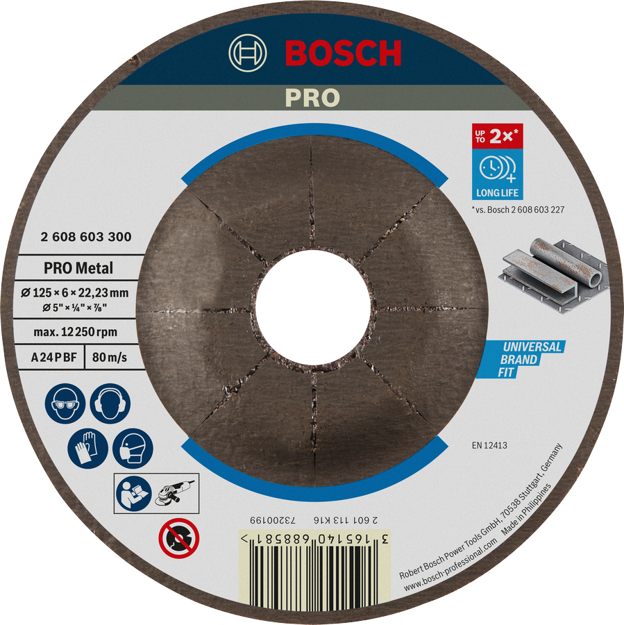 Đĩa mài kim loại Bosch PRO có tuổi thọ dài 125 mm.