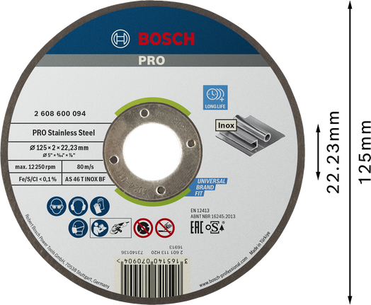 Đĩa cắt thép không gỉ Bosch PRO 125 x 2 x 22,23 mm.