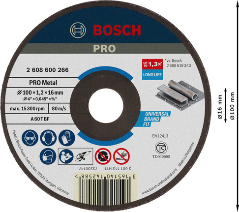 Đĩa cắt kim loại Bosch PRO 100x1,2x16 mm có tuổi thọ cao.