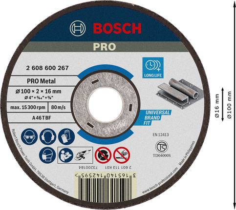 Đĩa cắt kim loại Bosch PRO 100 x 2 x 16 mm, tuổi thọ cao.
