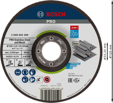 Đĩa 3 trong 1 PRO Stainless Steel and Metal, 125 x 2,5 x 22,23 mm Đĩa cắt 3 trong 1 bằng thép không gỉ và kim loại của Bosch PRO.