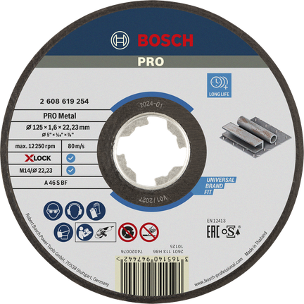 Đá cắt liên kết PRO Metal, 125 x 1,6 x 22,23 mm, X-Lock Đĩa cắt kim loại liên kết Bosch PRO 125x1,6x22,23 mm X-Lock.