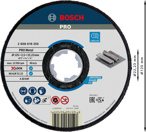 Đá cắt liên kết PRO Metal, 125 x 2,5 x 22,23 mm, X-Lock, thẳng Đĩa cắt kim loại liên kết Bosch PRO X-Lock 125x2,5mm.