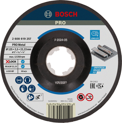 Đá cắt liên kết PRO Metal, 125 x 2,5 x 22,23 mm, X-Lock, lõm giữa Đĩa cắt kim loại liên kết Bosch PRO X-Lock 125mm.