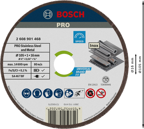Đá cắt PRO Stainless Steel and Metal, 105 x 1 x 16 mm Đĩa cắt kim loại và thép không gỉ Bosch PRO 105x1x16 mm.