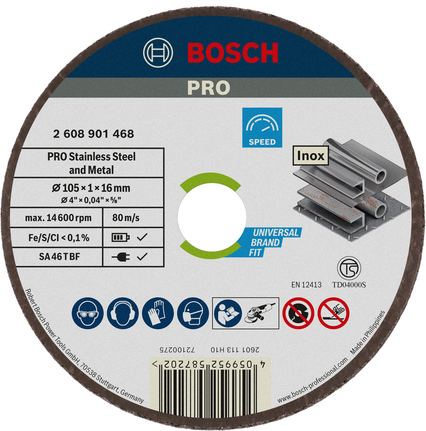 Đá cắt PRO Stainless Steel and Metal, 105 x 1 x 16 mm Đĩa cắt kim loại và thép không gỉ Bosch PRO, 105 mm.