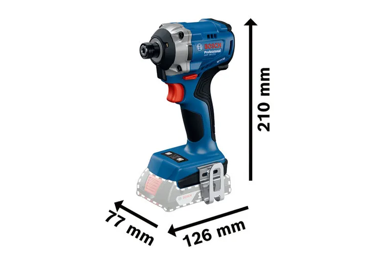 Máy vặn vít động lực Bosch GDR 18V-215 có đầu kẹp mũi khoan dài và kích thước.