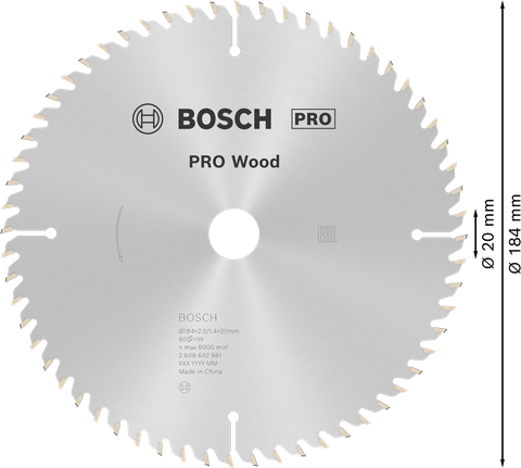 Lưỡi cưa đĩa tròn PRO Wood, 184 x 2 x 20 mm Lưỡi cưa tròn Bosch PRO Wood 184 mm để cắt gỗ chính xác.