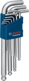 Bộ chìa khóa lục giác 9 món Bosch có giá đỡ màu xanh.