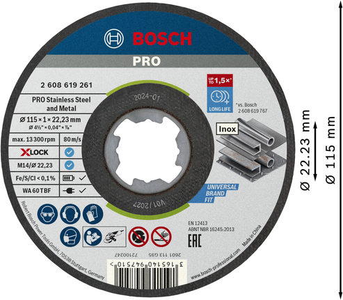 Đĩa cắt Bosch PRO bằng thép không gỉ X-Lock 115 mm.