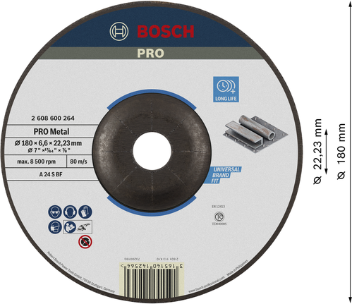 Đĩa mài PRO Metal, A 24 S BF, 180 x 6,6 x 22,23 mm, lõm giữa Đĩa mài kim loại Bosch PRO A 24 S BF, 180 mm dành cho kim loại.