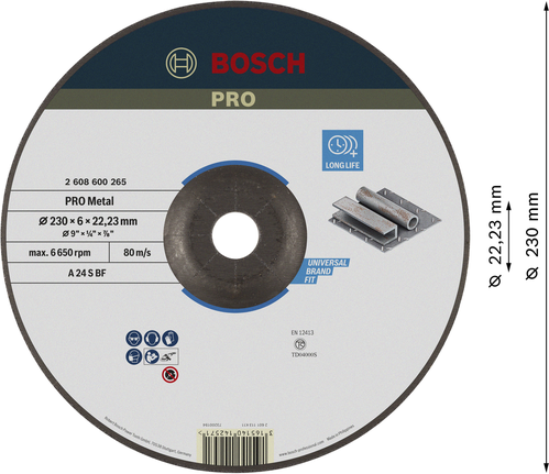 Đĩa mài PRO Metal, 230 x 6 x 22,23 mm Đĩa mài kim loại Bosch PRO 230 x 6 mm có tuổi thọ cao.