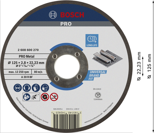Đá cắt PRO Metal, 125 x 3 x 22,23 mm Đĩa cắt kim loại Bosch PRO có tuổi thọ dài 125mm.