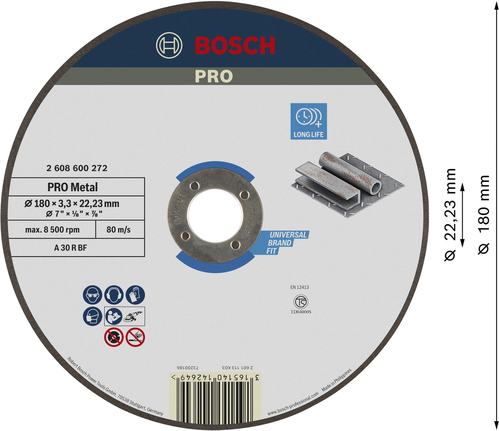 Đá cắt PRO Metal, 180 x 3 x 22,23 mm Đĩa cắt kim loại Bosch PRO 180mm cho khả năng cắt kim loại lâu dài.