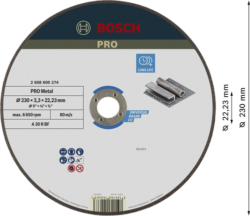 Đá cắt PRO Metal, 230 x 3 x 22,23 mm Đĩa cắt kim loại Bosch PRO 230 mm cho tuổi thọ cao.