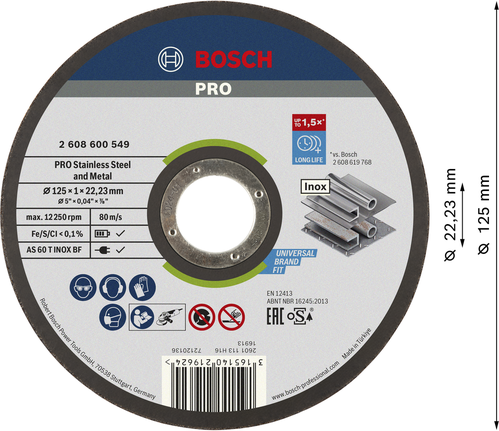 Đá cắt liên kết PRO Stainless Steel and Metal, 125 x 1 x 22,23 mm, thẳng Đĩa cắt bằng thép không gỉ Bosch PRO, 125 mm.