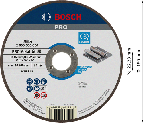 Đá cắt PRO Metal, 150 x 2,5 x 22,23 mm Đĩa cắt kim loại Bosch PRO 150 x 2,5 x 22,23 mm.