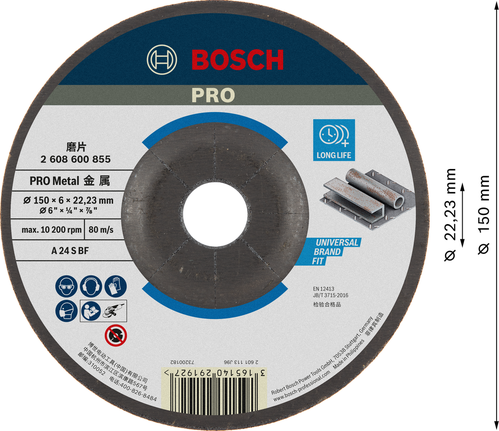 Đĩa mài PRO Metal, 150 x 6 x 22,23 mm Đĩa mài kim loại Bosch PRO 150 x 6 x 22,23 mm.