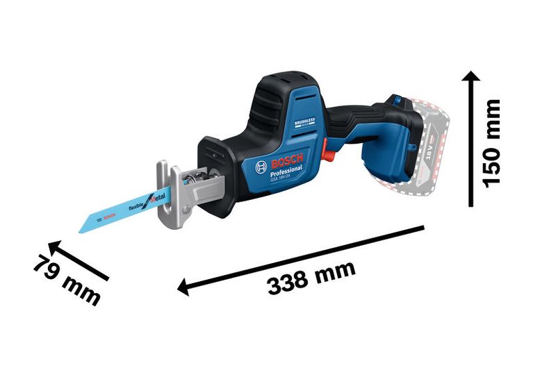 Máy cưa lọng Bosch GSA 18V-24 có kích thước hiển thị.