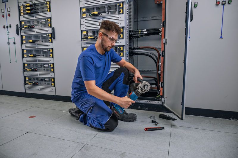 Một người mặc đồ bảo hộ đang uốn cáp bằng dụng cụ thủy lực không dây.