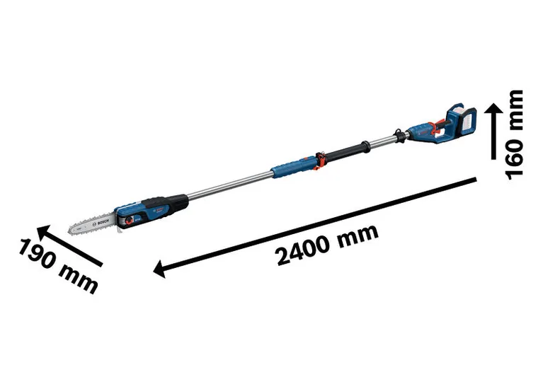 Máy cưa cành không dây Bosch GKE 18V-25 TP với chiều dài 2400 mm.