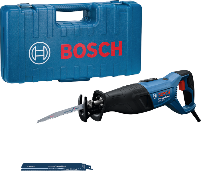 Máy cưa lọng Bosch GSA 12-30 có hộp và lưỡi cưa.