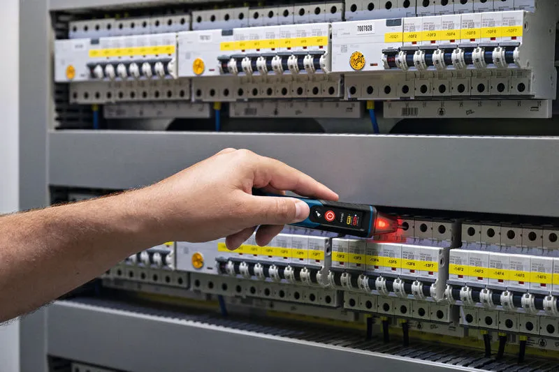 Người đang kiểm tra bảng điện bằng máy kiểm tra điện áp không tiếp xúc.