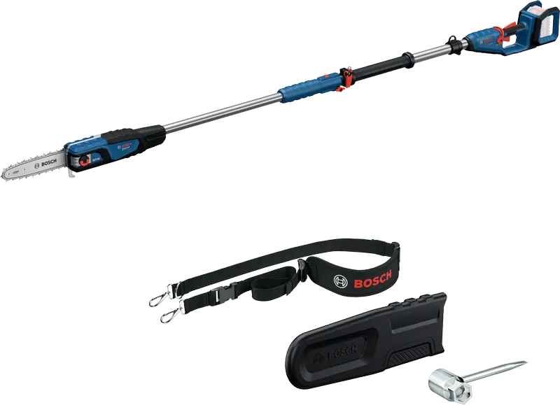 Máy cưa cành trên cao Bosch GKE 18V-25 có tay cầm dạng ống lồng và phụ kiện.