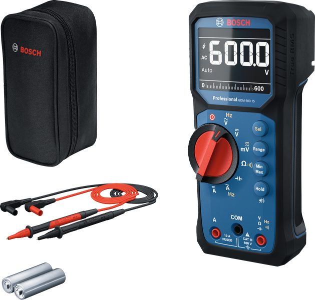 Đồng hồ vạn năng kỹ thuật số Bosch GDM 600-15 có đầu dò và hộp đựng.
