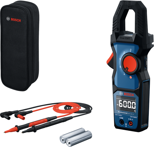 Bộ kẹp đo kỹ thuật số Bosch có dây đo, hộp đựng và pin AA.