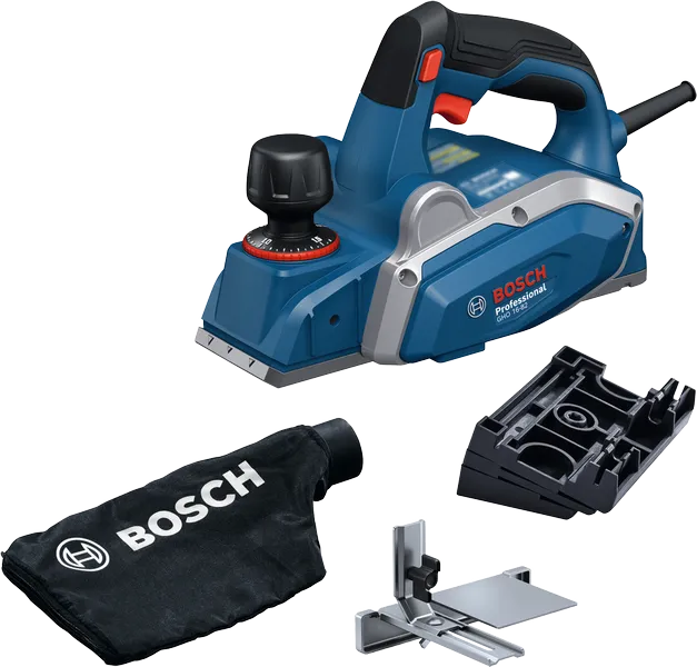 Máy bào Bosch GHO 16-82 có túi đựng bụi và phụ kiện.