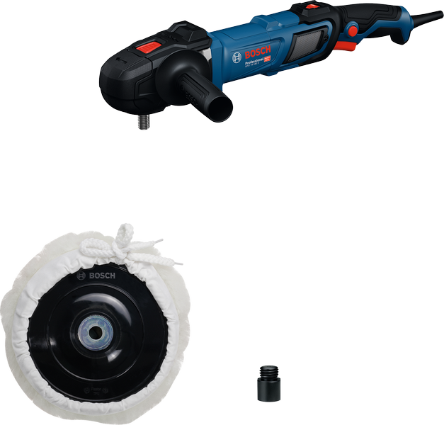 Máy đánh bóng Bosch GPO 14-180 có bộ chuyển đổi pad và trục chính.