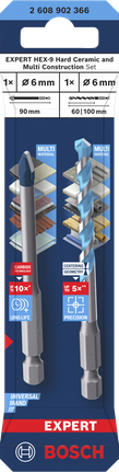 Bộ EXPERT HEX-9 Hard Ceramic và HEX-9 Multi Construction, 6 mm, 2 chiếc Bộ mũi khoan gốm cứng và đa năng Bosch EXPERT HEX-9 6 mm.