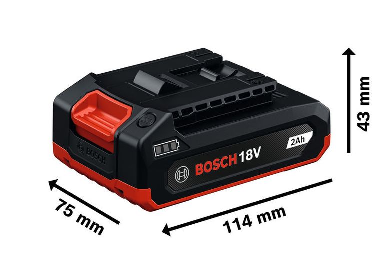 Bộ pin Bosch 18V 2Ah với kích thước được hiển thị trong hình.