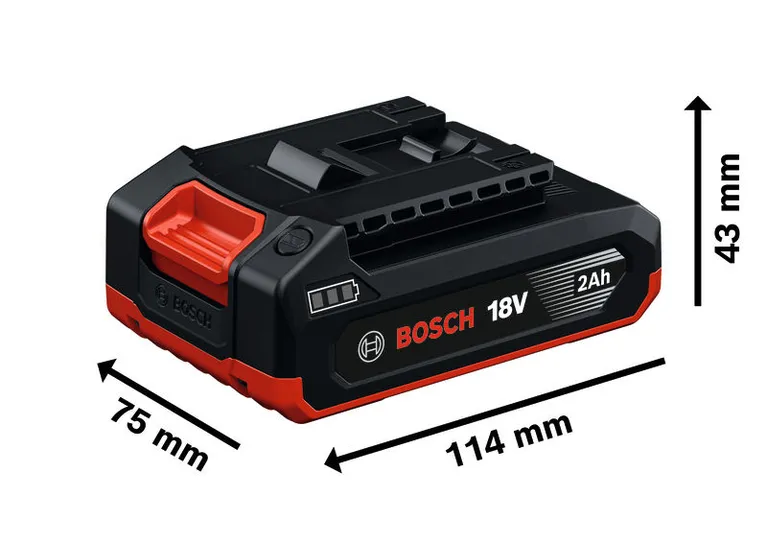 Bộ pin Bosch GBA 18V 2Ah với kích thước cụ thể.