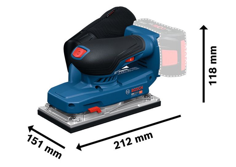 Máy chà nhám quỹ đạo Bosch GSS18V-18 có kích thước hiển thị.