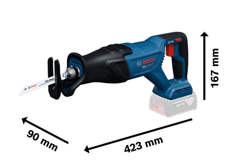 Máy cưa lọng dùng pin Bosch GSA18V-280, chiều dài 423 mm.