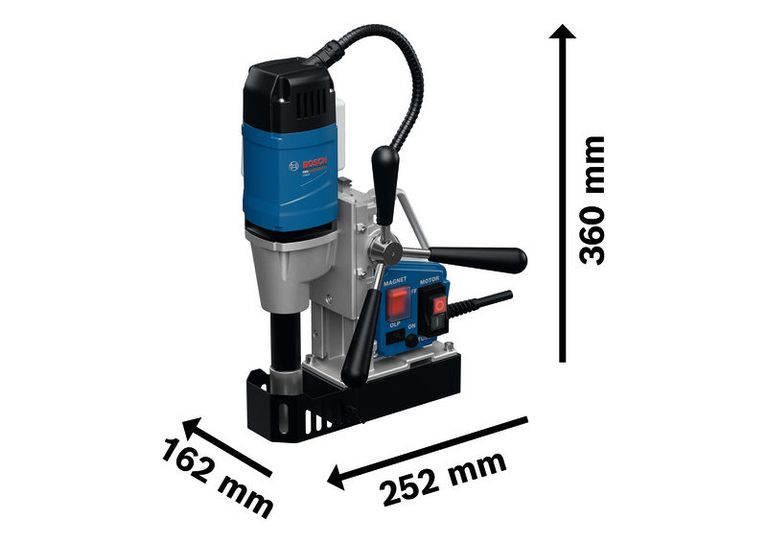 Máy khoan lõi từ Bosch GBM 38 có kích thước như hình minh họa.