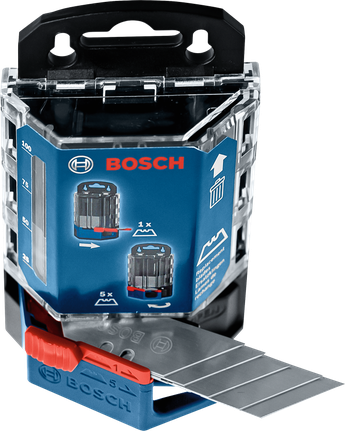 Các lưỡi dao tiện ích bằng kim loại được xếp chồng lên nhau trong một hộp đựng màu xanh và đen kèm theo hướng dẫn cắt.