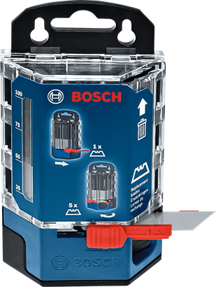 Hộp đựng lưỡi dao có cần gạt màu đỏ, hiển thị một lưỡi dao đã được kéo dài sẵn sàng sử dụng.