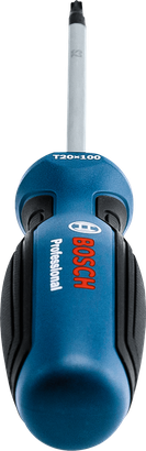 Tua vít màu xanh và đen, tay cầm bọc cao su mềm, đầu hướng lên trên.