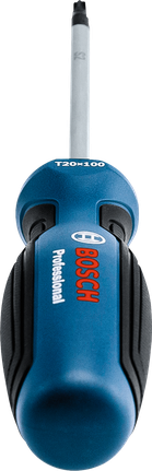 Tua vít màu xanh và đen, tay cầm bọc cao su mềm, đầu hướng lên trên.