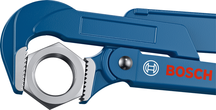 Cờ lê điều chỉnh màu xanh lam đang kẹp một đai ốc lục giác lớn.