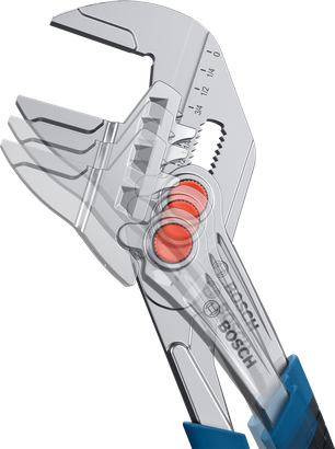 Cờ lê điều chỉnh có tay cầm màu xanh lam, minh họa chuyển động của hàm kẹp.