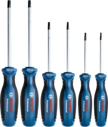 Sáu chiếc tua vít màu xanh và đen được xếp thẳng đứng thành một hàng.