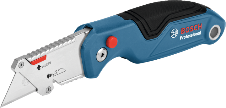 Dao đa năng với lưỡi dao có thể thu gọn và tay cầm màu xanh lam tiện dụng.