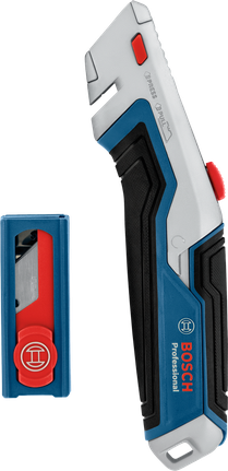 Dao đa năng và hộp đựng lưỡi dao với thiết kế màu xanh dương, xám và đỏ.