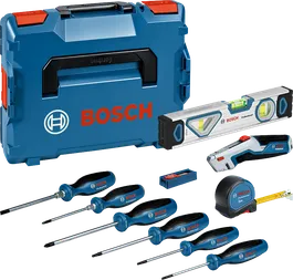 Bộ tua vít và dụng cụ cầm tay Bosch kèm hộp đựng.