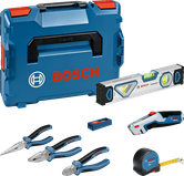 Bộ dụng cụ cầm tay Bosch 16 món gồm kìm và các dụng cụ khác, kèm hộp đựng.